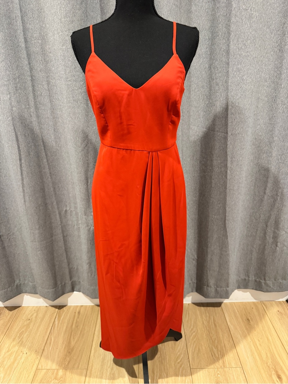 Lulu's Red Satin V-Neck Spaghetti-Strap Midi Dress